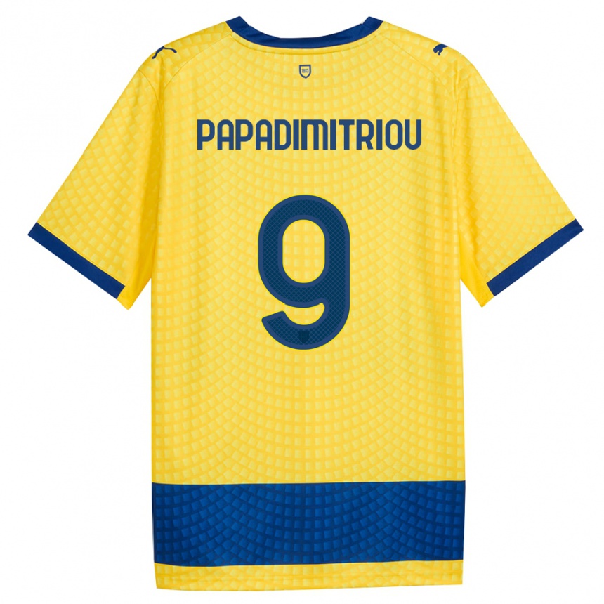 גברים כדורגל Eirinaios Papadimitriou #9 צהוב כחול שחור הרחק ג'רזי 2026/27 גברים כדורגל Eirinaios Papadimitriou #9 צהוב כחול שחור הרחק ג'רזי 2026/27