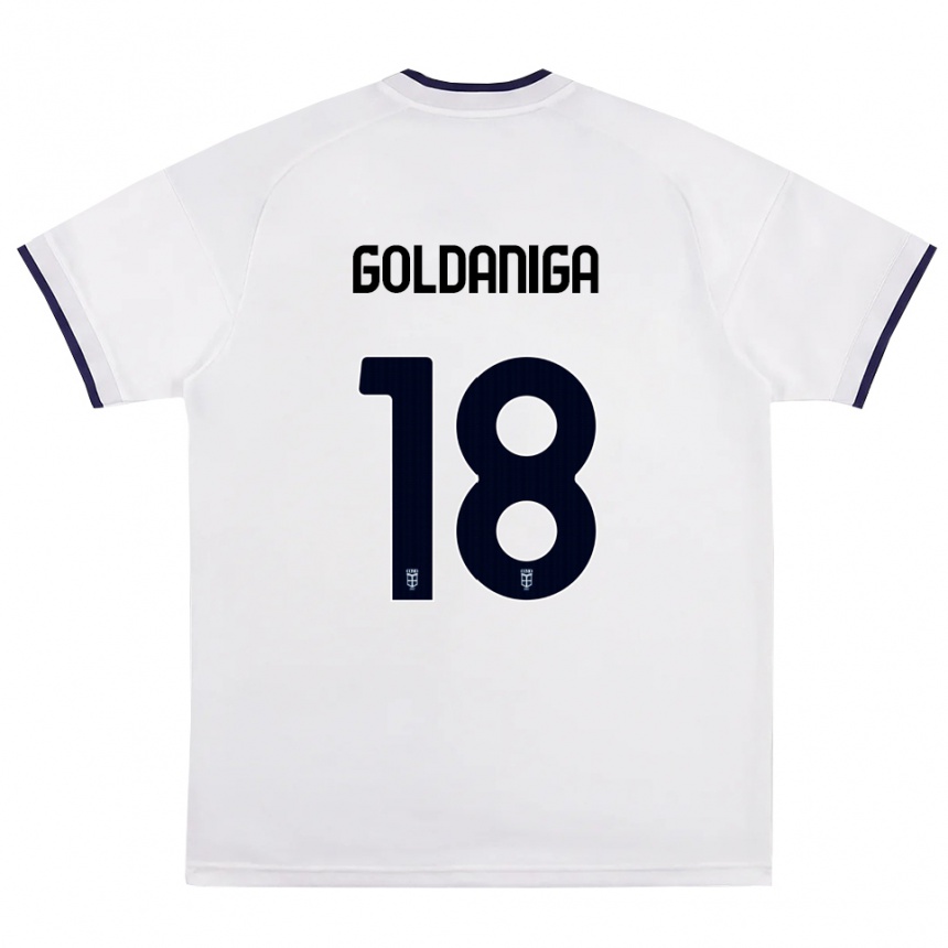 נשים כדורגל Edoardo Goldaniga #18 לבן אדום כחול מלכותי הרחק ג'רזי 2026/27