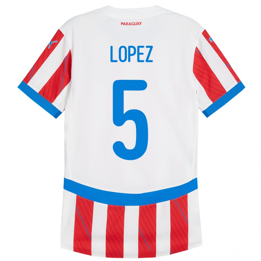 ילדים כדורגל פרגוואי Óscar López #5 לבן אדום ג'רזי ביתית 24-26