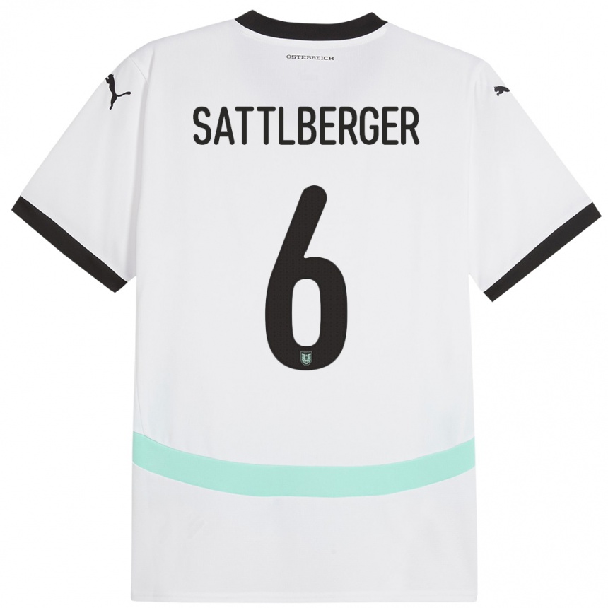 ילדים כדורגל אוסטריה Nikolas Sattlberger #6 לבן הרחק ג'רזי 24-26