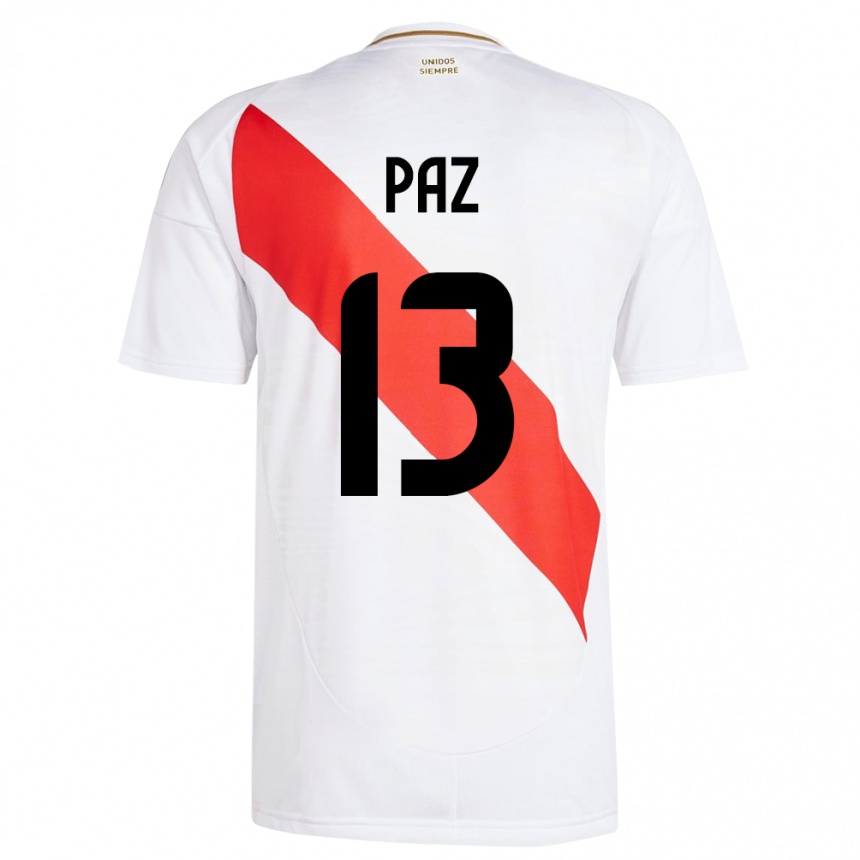 גברים כדורגל פרו Braidy Paz #13 לבן ג'רזי ביתית 24-26