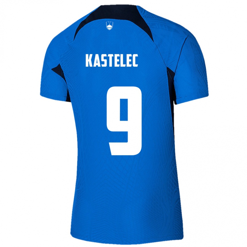גברים כדורגל סלובניה Mirjam Kastelec #9 כְּחוֹל הרחק ג'רזי 24-26