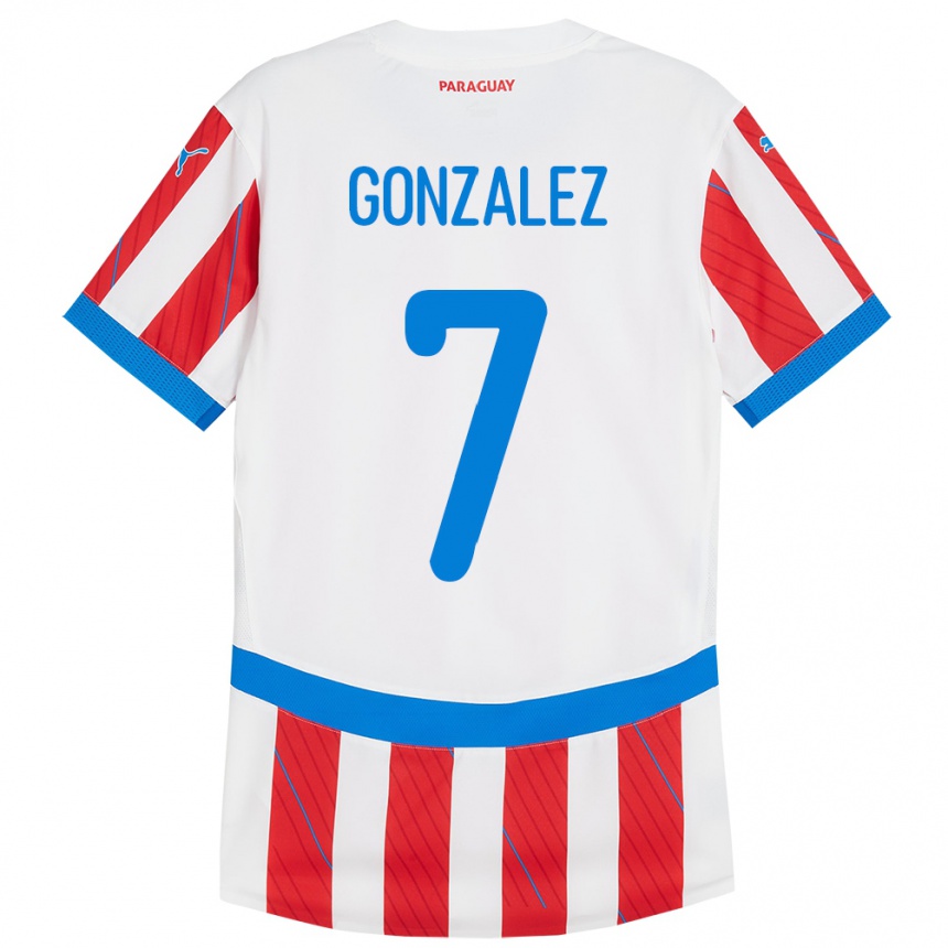 נשים כדורגל פרגוואי Diego González #7 לבן אדום ג'רזי ביתית 24-26
