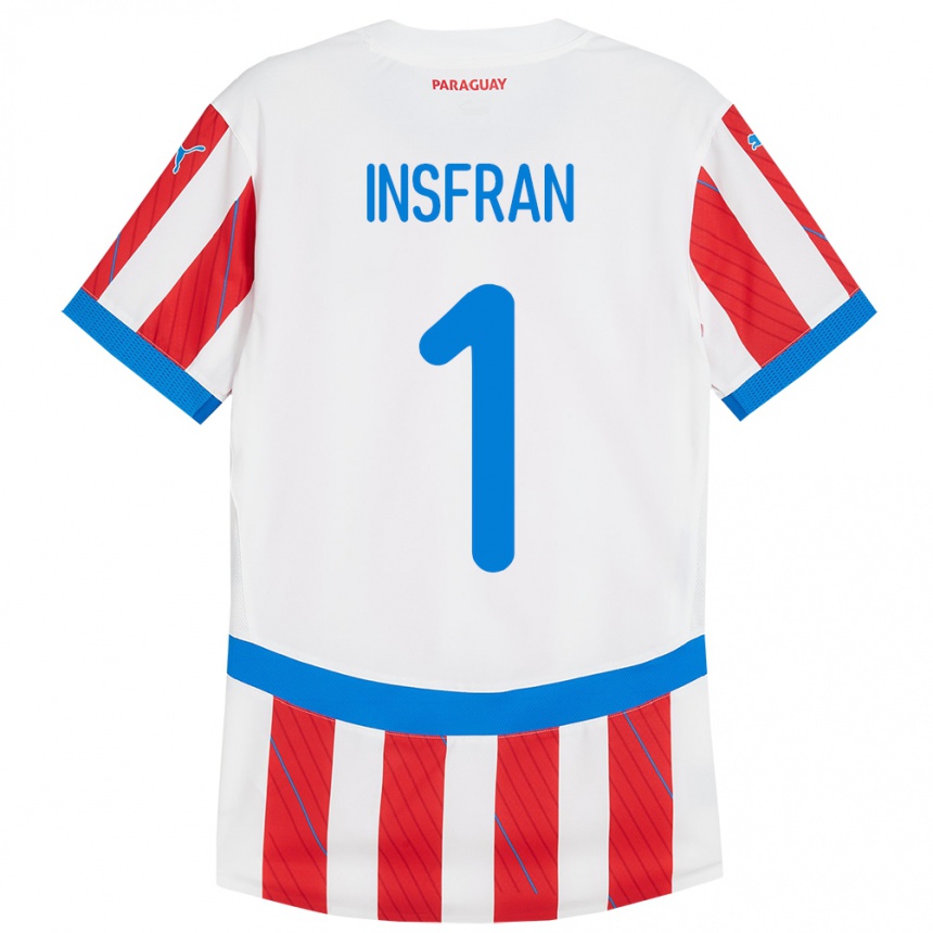 נשים כדורגל פרגוואי Facundo Insfrán #1 לבן אדום ג'רזי ביתית 24-26