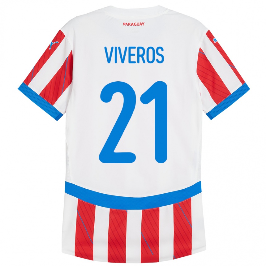 נשים כדורגל פרגוואי Fernando Viveros #21 לבן אדום ג'רזי ביתית 24-26