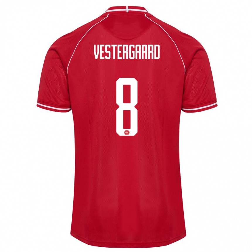 ילדים כדורגל דנמרק Frederik Vestergaard #8 אדום לבן ג'רזי ביתית 26-28
