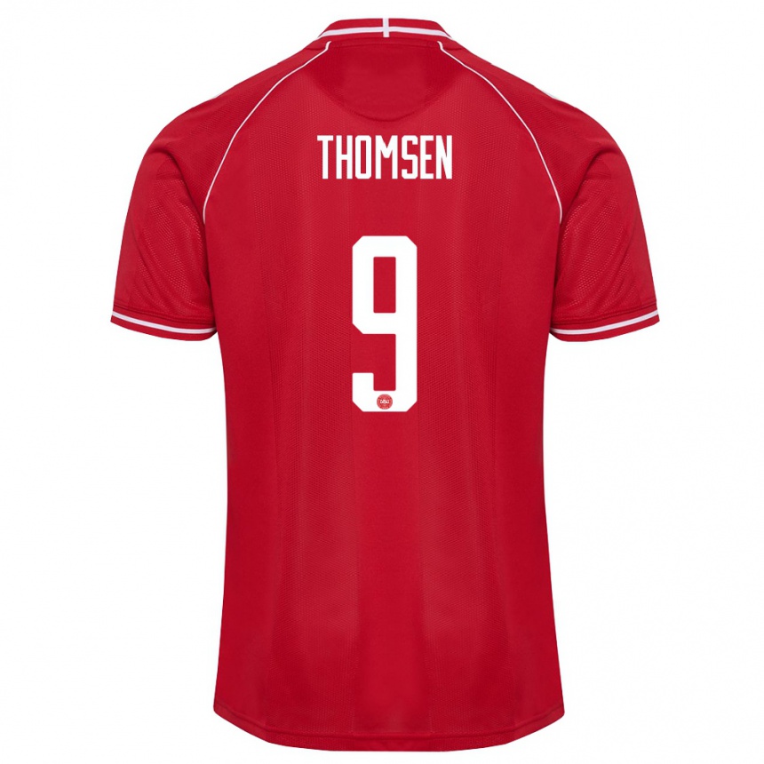 ילדים כדורגל דנמרק Tristan Thomsen #9 אדום לבן ג'רזי ביתית 26-28
