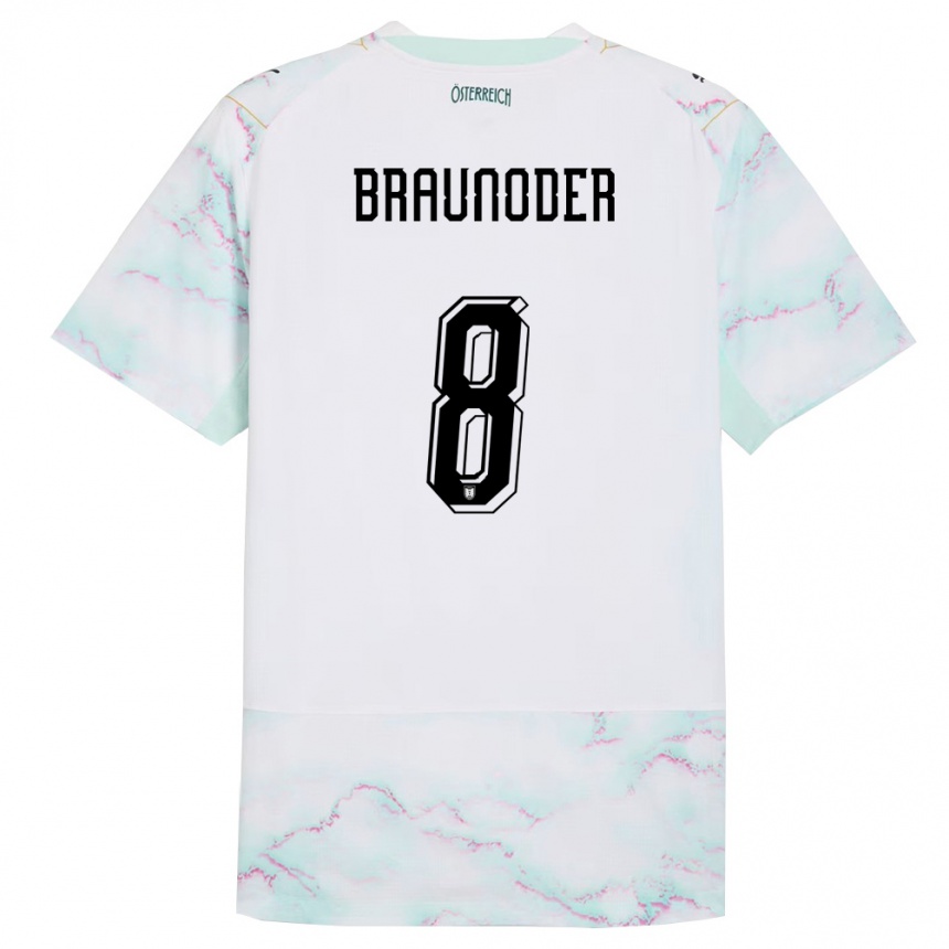 ילדים כדורגל אוסטריה Matthias Braunöder #8 לבן ירוק זהב הרחק ג'רזי 26-28