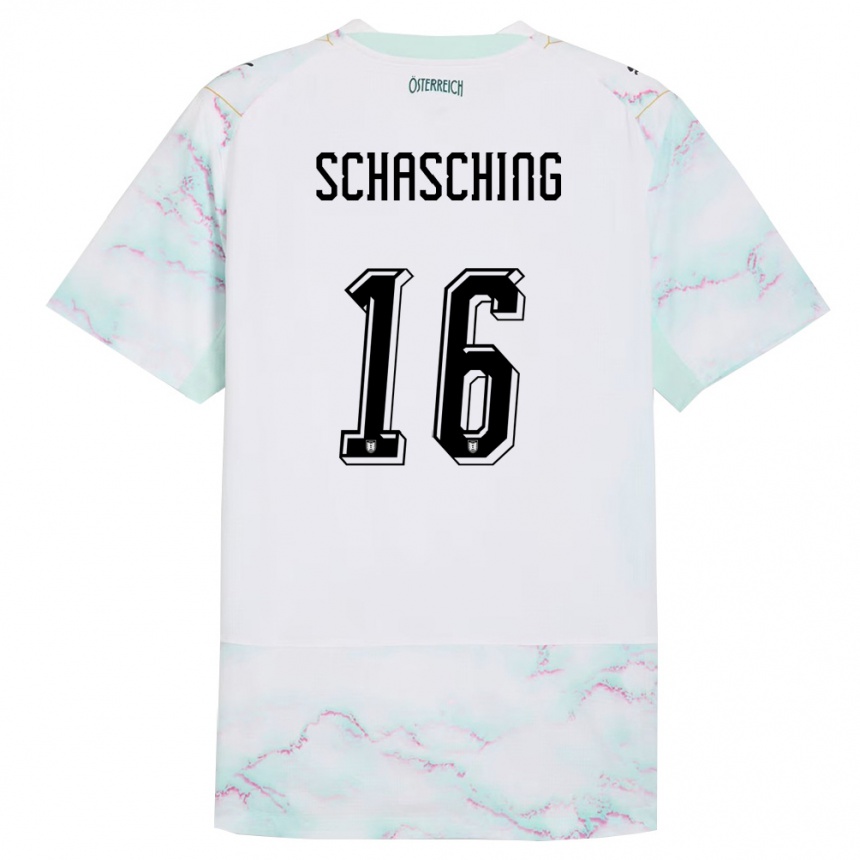 ילדים כדורגל אוסטריה Annabel Schasching #16 לבן ירוק זהב הרחק ג'רזי 26-28