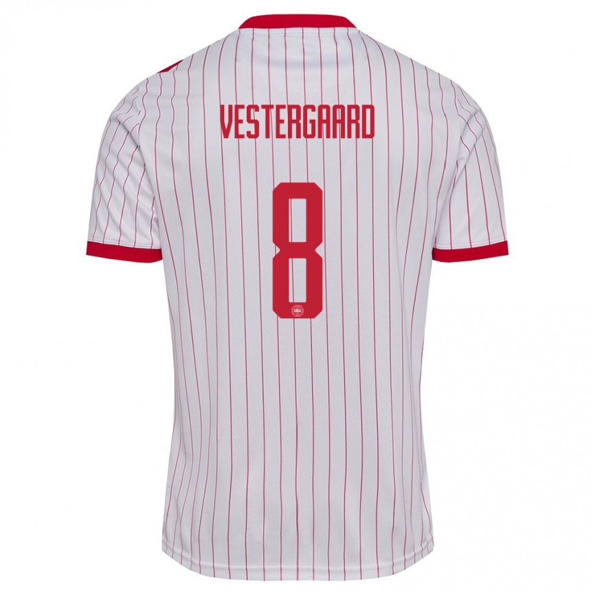 ילדים כדורגל דנמרק Frederik Vestergaard #8 לבן אדום הרחק ג'רזי 26-28