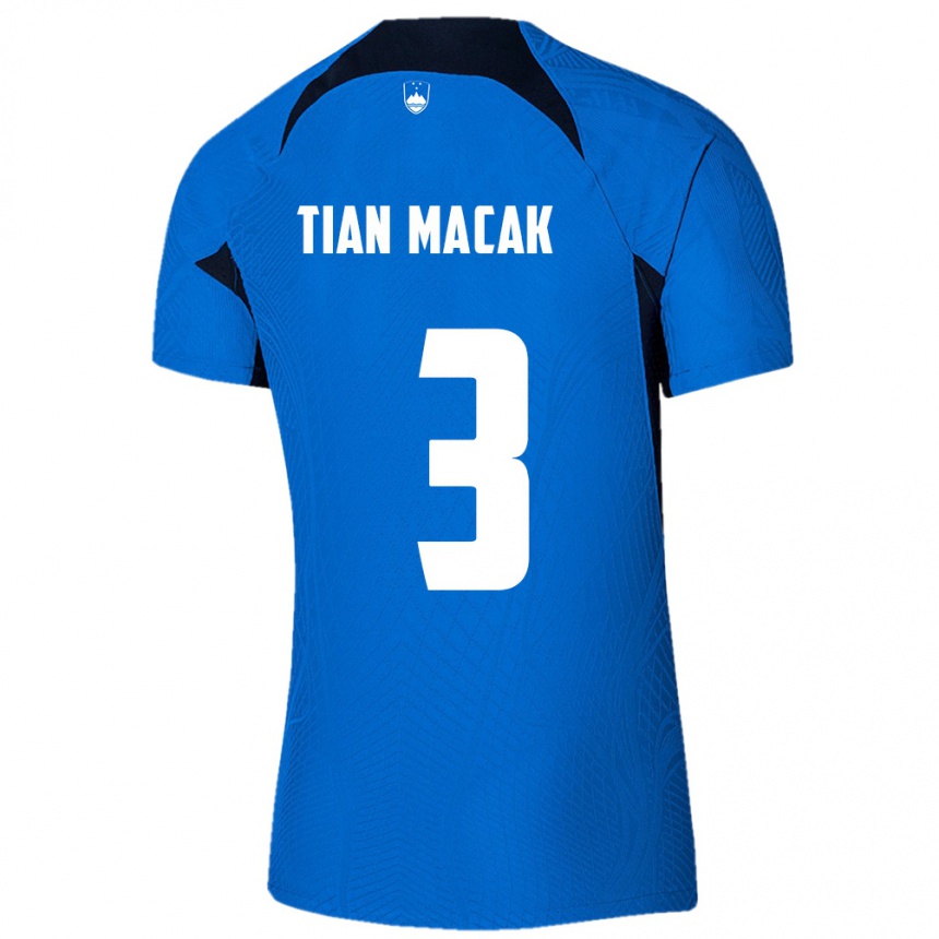 ילדים כדורגל סלובניה Tian Macak #3 כחול לבן הרחק ג'רזי 26-28