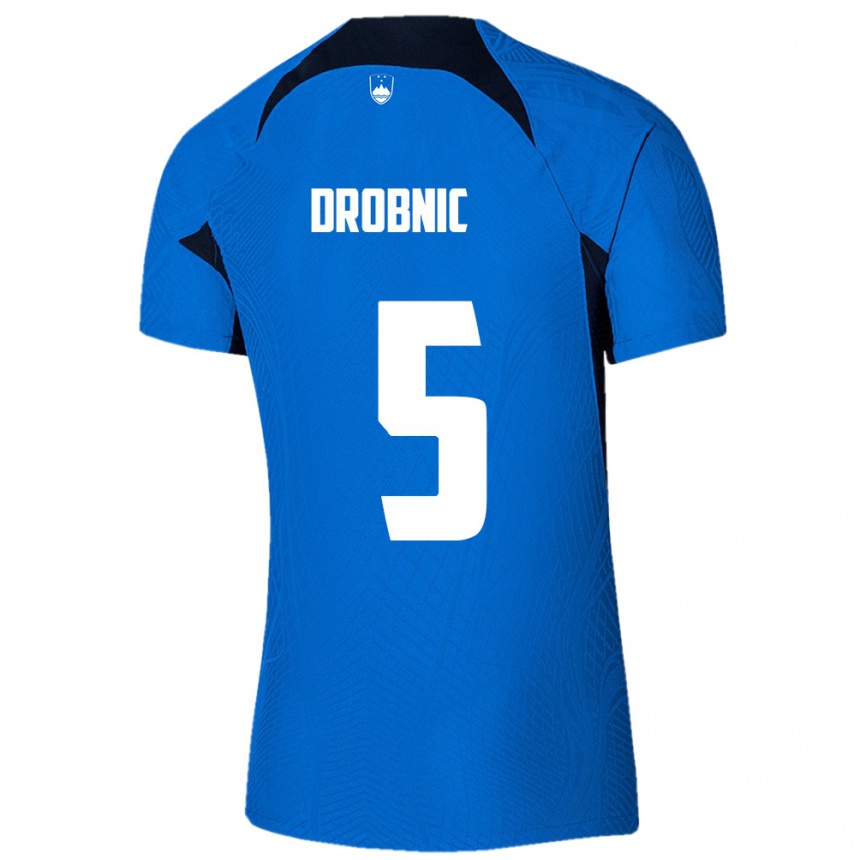 ילדים כדורגל סלובניה Dominik Drobnic #5 כחול לבן הרחק ג'רזי 26-28