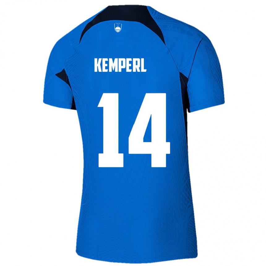 ילדים כדורגל סלובניה Nino Kemperl #14 כחול לבן הרחק ג'רזי 26-28