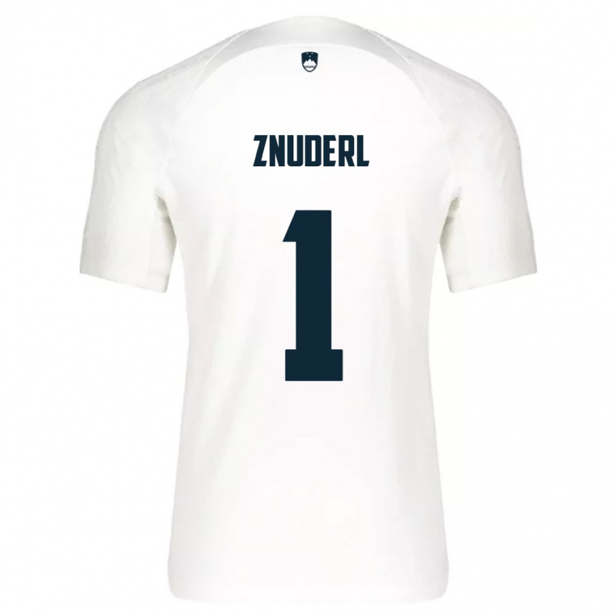 גברים כדורגל סלובניה Tai Znuderl #1 לבן כחול ג'רזי ביתית 26-28