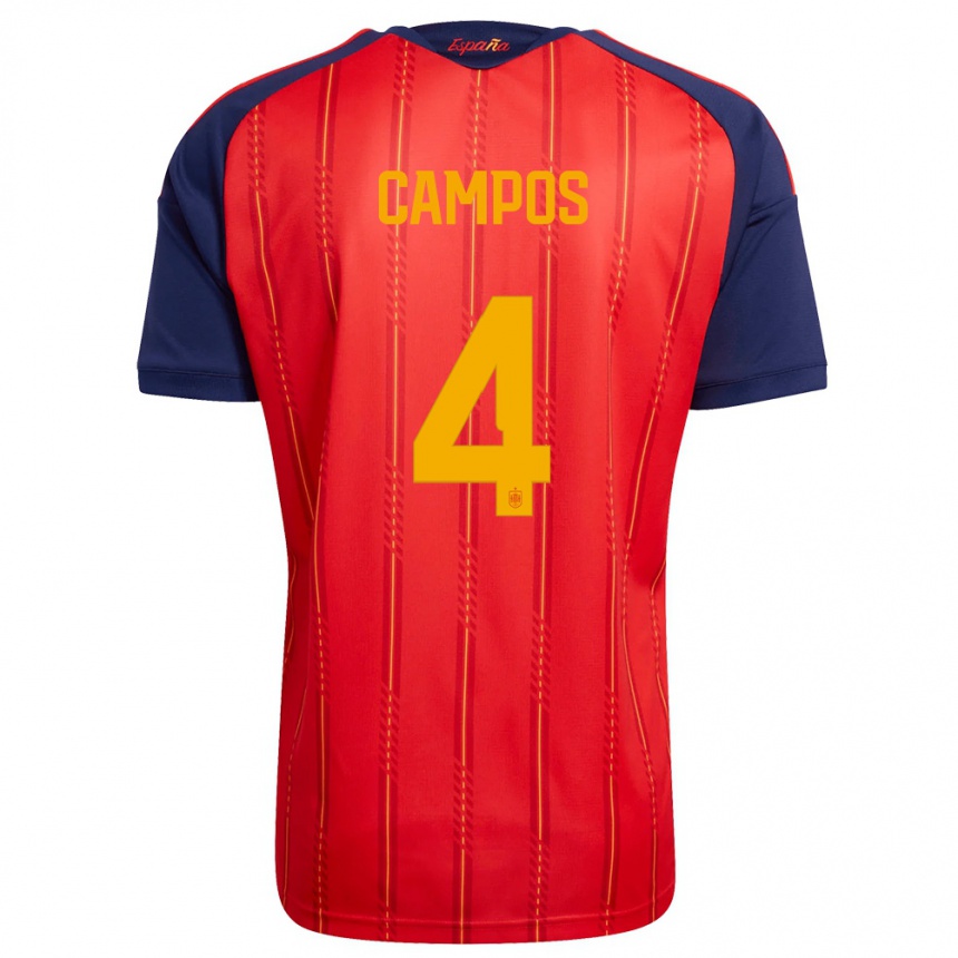 גברים כדורגל ספרד Alex Campos #4 אדום כהה צהוב ג'רזי ביתית 26-28