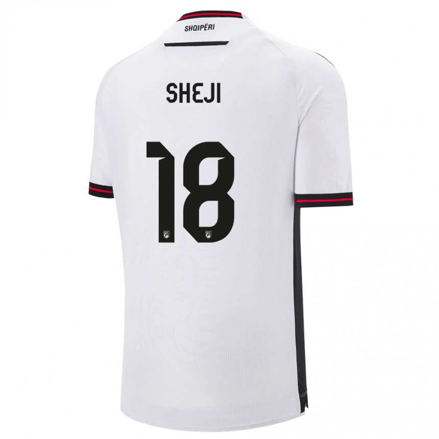 גברים כדורגל אלבניה Rikardo Sheji #18 לבן שחור הרחק ג'רזי 26-28