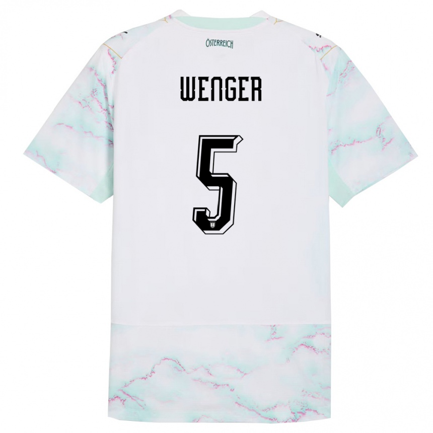 גברים כדורגל אוסטריה Claudia Wenger #5 לבן ירוק זהב הרחק ג'רזי 26-28