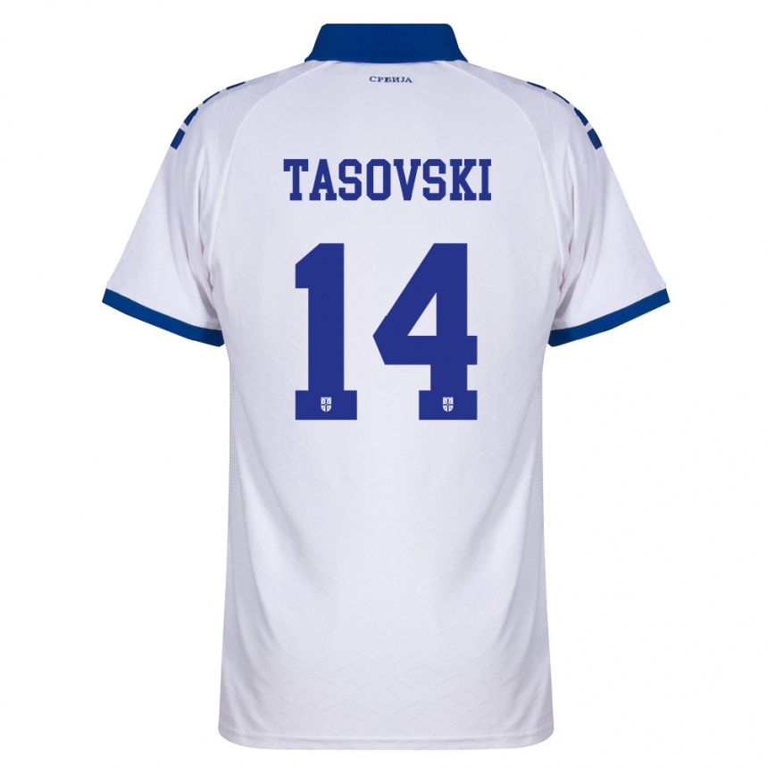 גברים כדורגל סרביה Vasil Tasovski #14 כהה לבן אדום הרחק ג'רזי 26-28