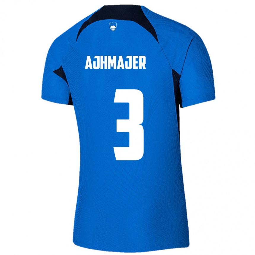 גברים כדורגל סלובניה Nejc Ajhmajer #3 כחול לבן הרחק ג'רזי 26-28