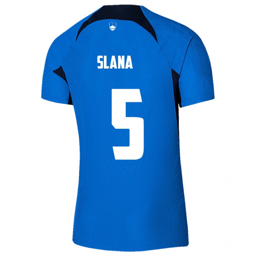 גברים כדורגל סלובניה Filip Slana #5 כחול לבן הרחק ג'רזי 26-28