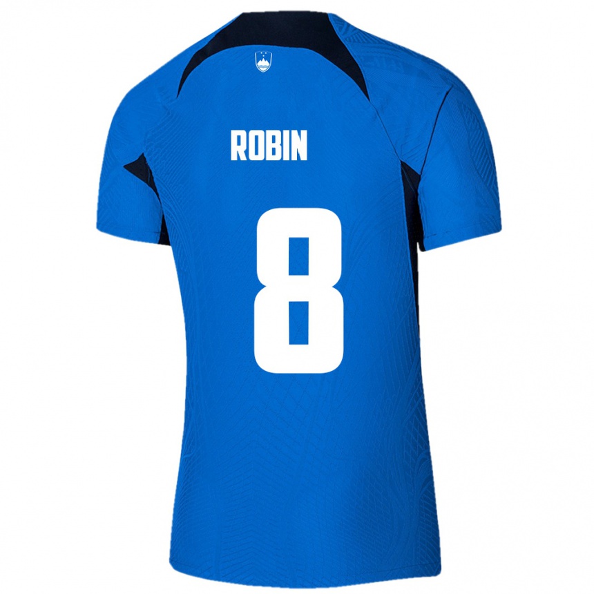 גברים כדורגל סלובניה Jaka Robin #8 כחול לבן הרחק ג'רזי 26-28
