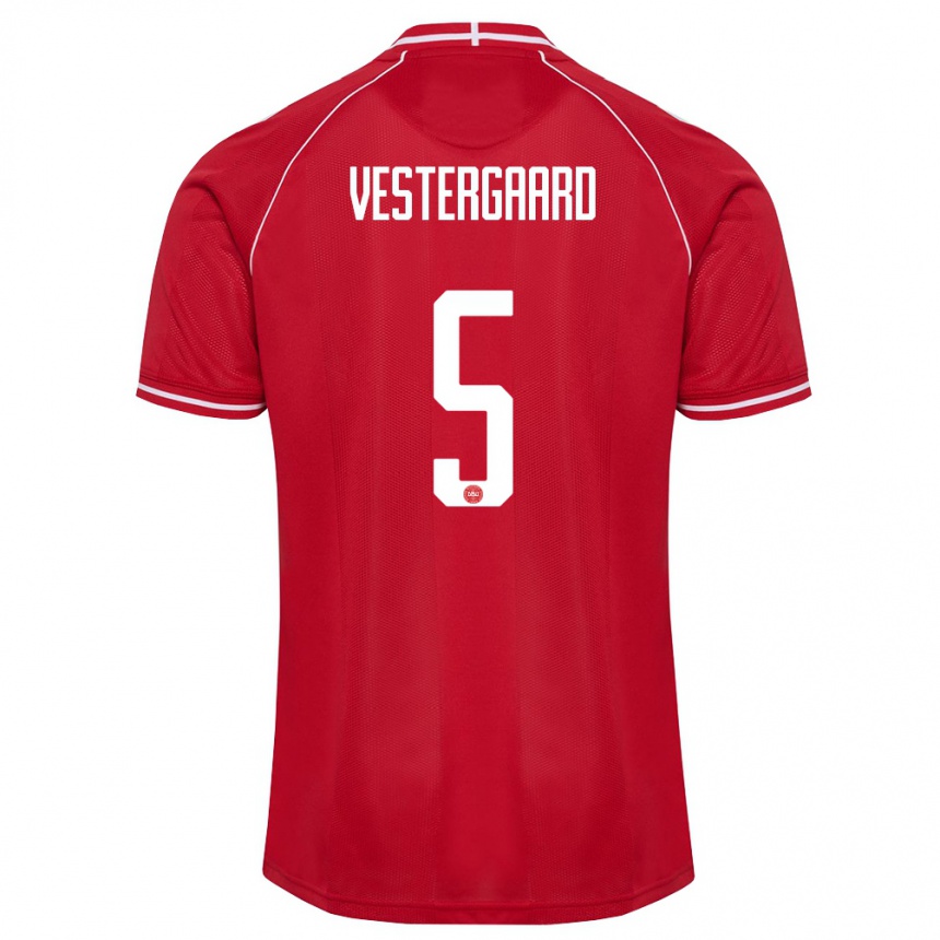 נשים כדורגל דנמרק Frederik Vestergaard #5 אדום לבן ג'רזי ביתית 26-28