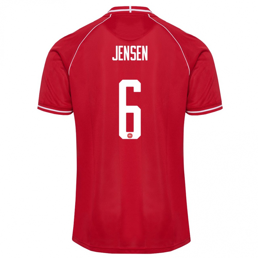 נשים כדורגל דנמרק Max Jensen #6 אדום לבן ג'רזי ביתית 26-28