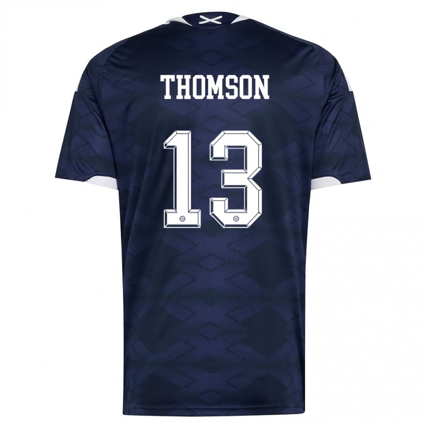 נשים כדורגל סקוטלנד Aaron Thomson #13 כהה לבן ג'רזי ביתית 26-28