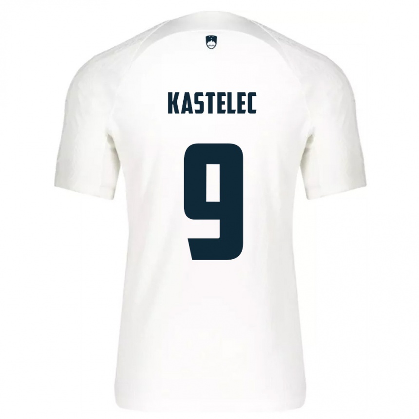 נשים כדורגל סלובניה Mirjam Kastelec #9 לבן כחול ג'רזי ביתית 26-28