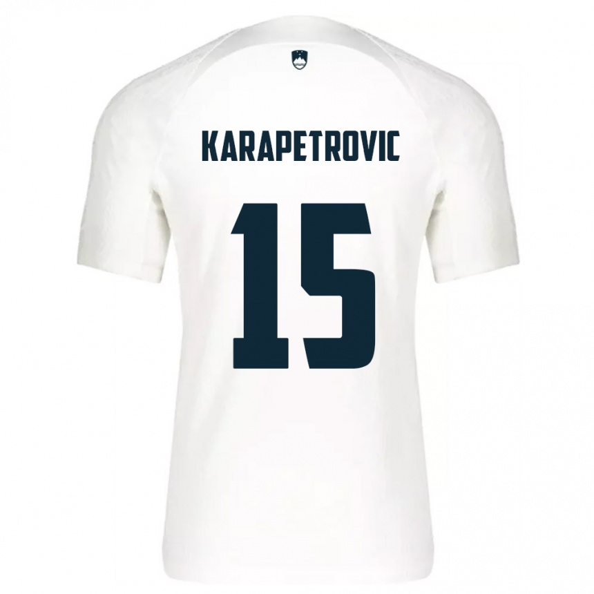 נשים כדורגל סלובניה Luka Karapetrovic #15 לבן כחול ג'רזי ביתית 26-28