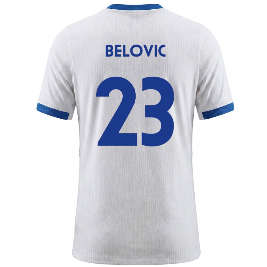 נשים כדורגל סלובניה Nik Belovic #23 לבן כחול ג'רזי ביתית 26-28