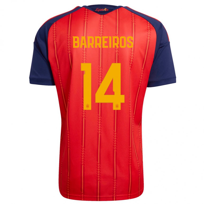 נשים כדורגל ספרד Iago Barreiros #14 אדום כהה צהוב ג'רזי ביתית 26-28