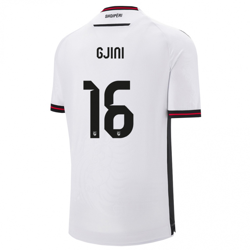נשים כדורגל אלבניה Luçije Gjini #16 לבן שחור הרחק ג'רזי 26-28