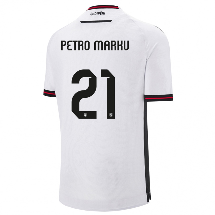 נשים כדורגל אלבניה Petro Marku #21 לבן שחור הרחק ג'רזי 26-28