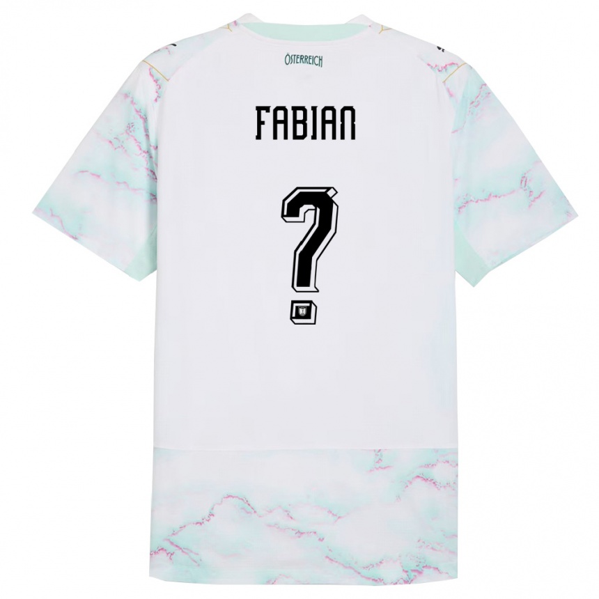 נשים כדורגל אוסטריה Lukas Fabian #0 לבן ירוק זהב הרחק ג'רזי 26-28