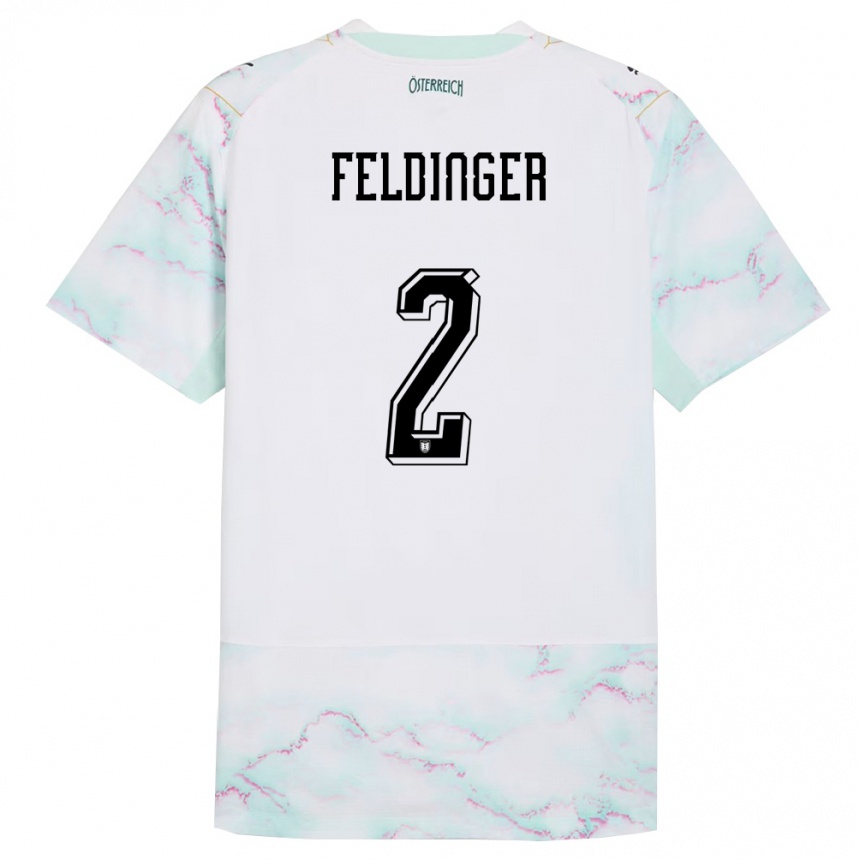 נשים כדורגל אוסטריה Rafael Feldinger #2 לבן ירוק זהב הרחק ג'רזי 26-28