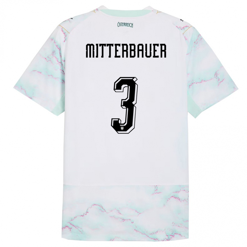 נשים כדורגל אוסטריה Elias Mitterbauer #3 לבן ירוק זהב הרחק ג'רזי 26-28