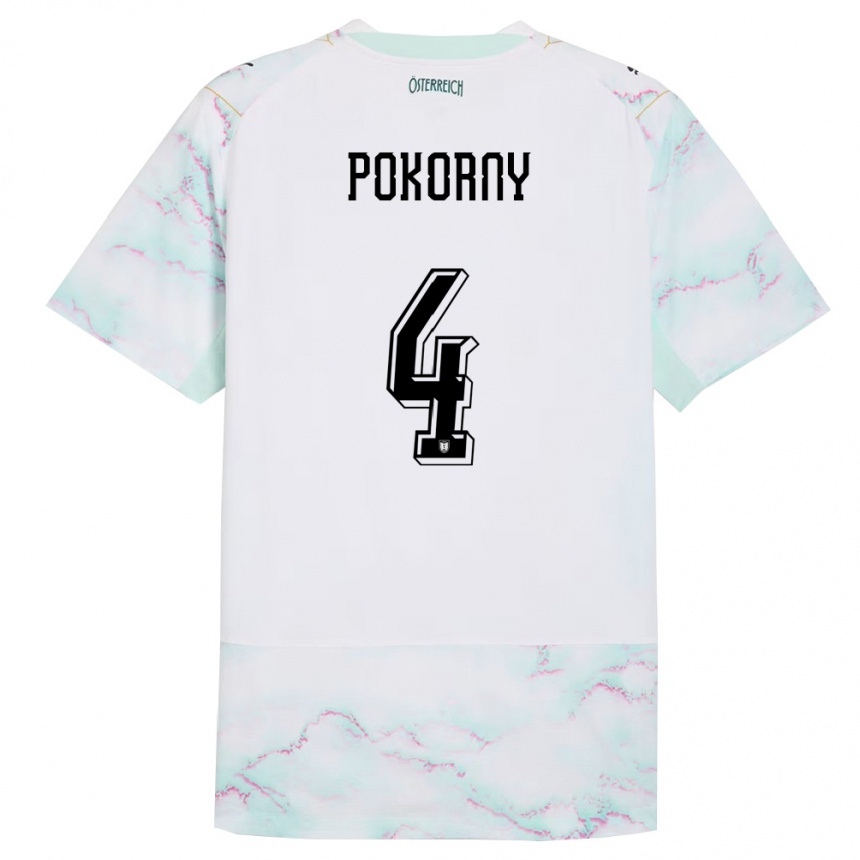 נשים כדורגל אוסטריה Jakob Pokorny #4 לבן ירוק זהב הרחק ג'רזי 26-28