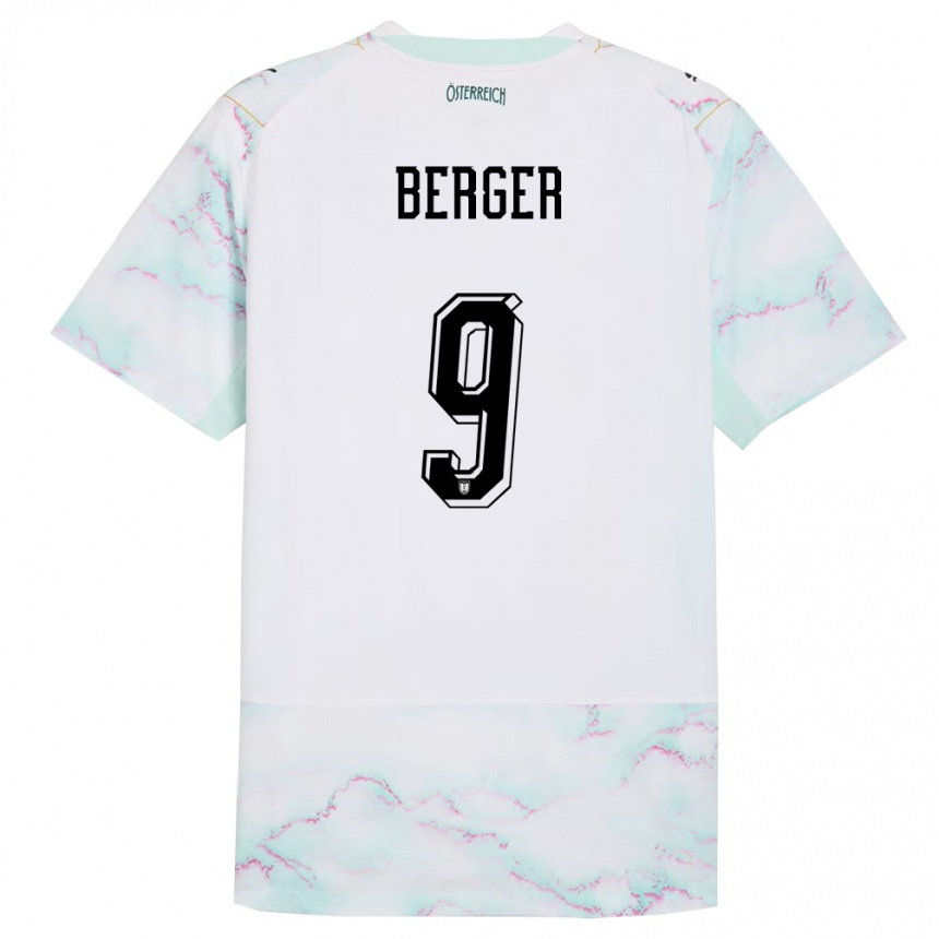 נשים כדורגל אוסטריה Nico Berger #9 לבן ירוק זהב הרחק ג'רזי 26-28