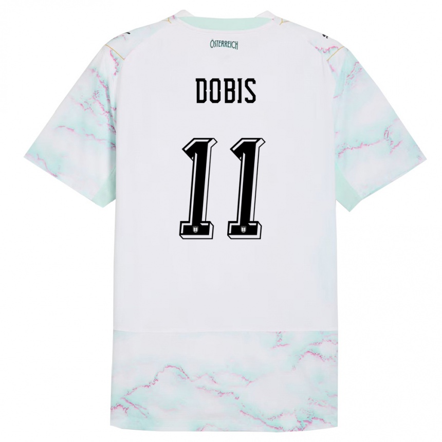 נשים כדורגל אוסטריה Dominik Dobis #11 לבן ירוק זהב הרחק ג'רזי 26-28