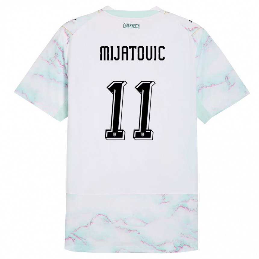 נשים כדורגל אוסטריה Luca Mijatovic #11 לבן ירוק זהב הרחק ג'רזי 26-28