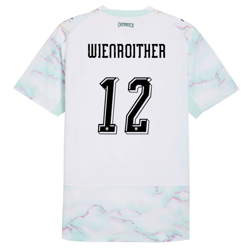 נשים כדורגל אוסטריה Laura Wienroither #12 לבן ירוק זהב הרחק ג'רזי 26-28