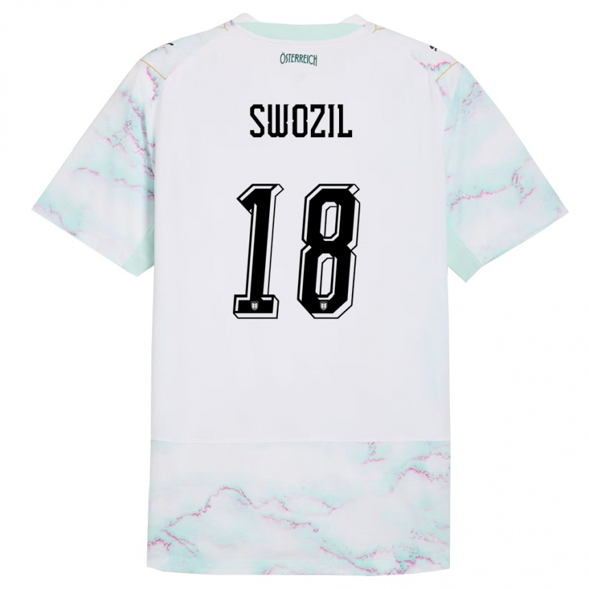 נשים כדורגל אוסטריה Bernhard Swozil #18 לבן ירוק זהב הרחק ג'רזי 26-28