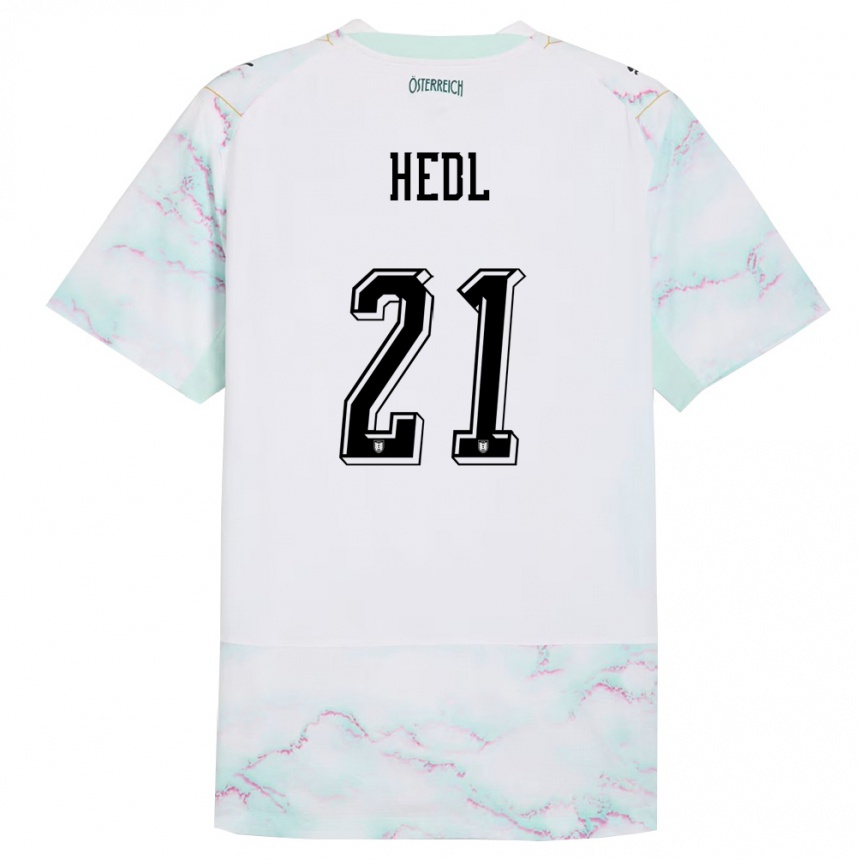 נשים כדורגל אוסטריה Philip Hedl #21 לבן ירוק זהב הרחק ג'רזי 26-28