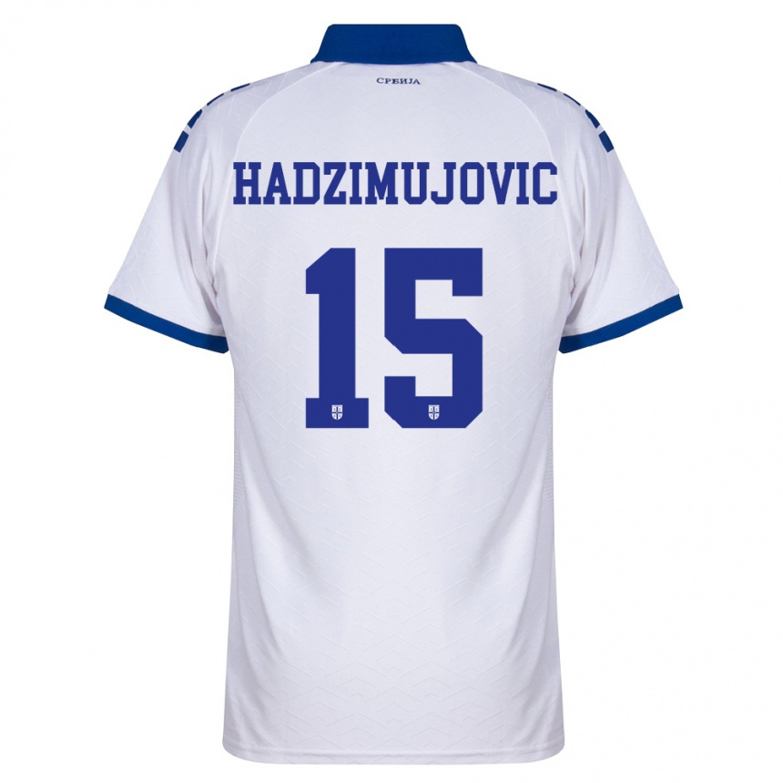 נשים כדורגל סרביה Ahmed Hadzimujovic #15 כהה לבן אדום הרחק ג'רזי 26-28