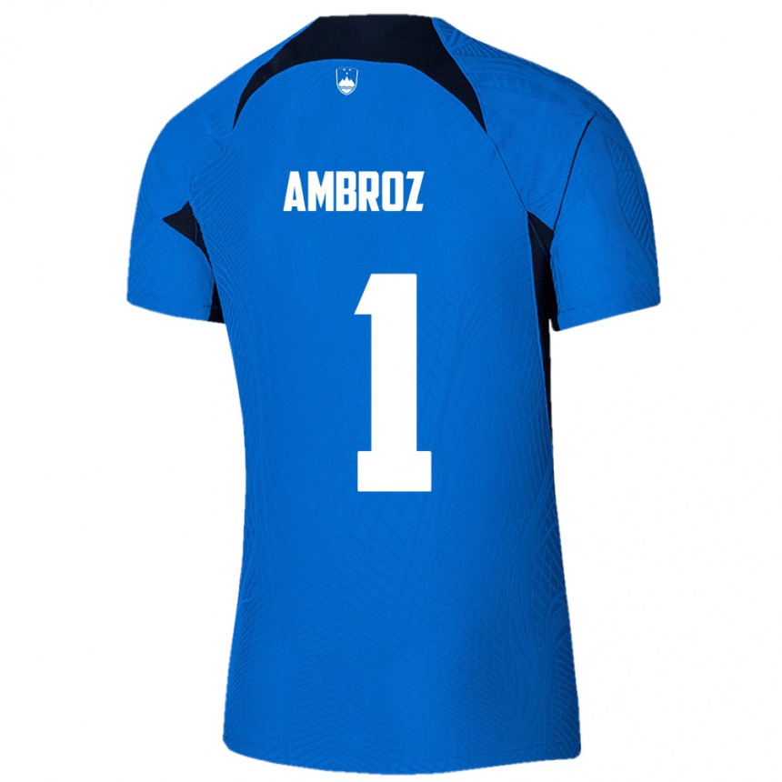 נשים כדורגל סלובניה Lan Ambroz #1 כחול לבן הרחק ג'רזי 26-28