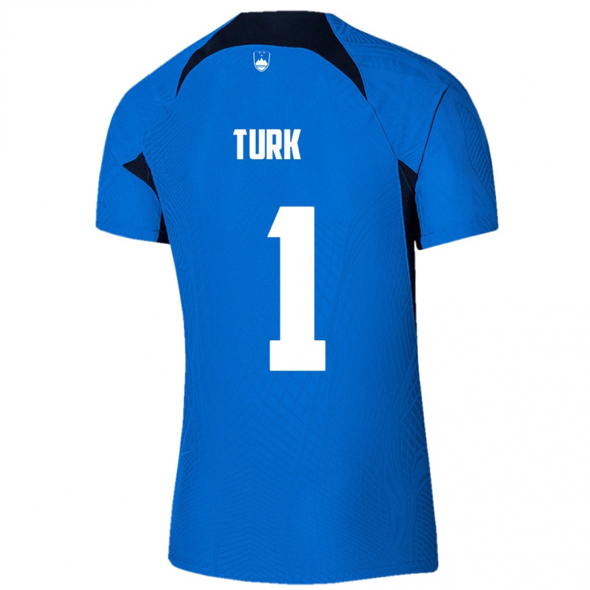 נשים כדורגל סלובניה Martin Turk #1 כחול לבן הרחק ג'רזי 26-28