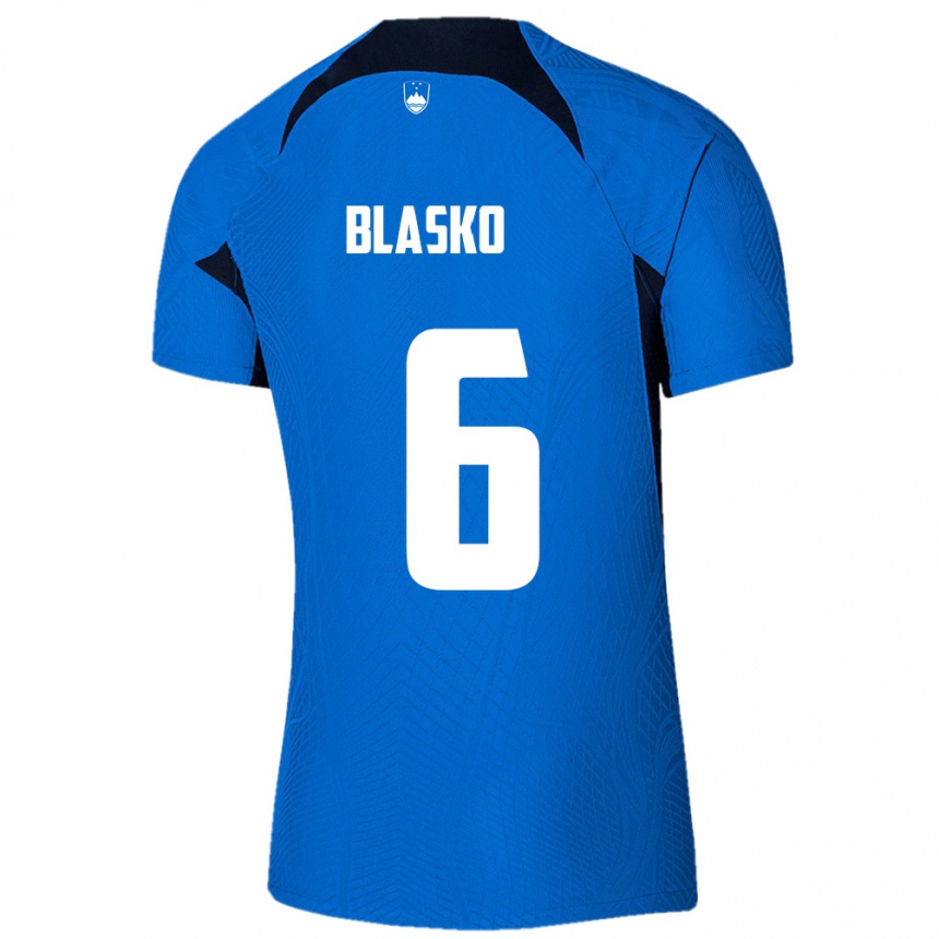 נשים כדורגל סלובניה Svit Blasko #6 כחול לבן הרחק ג'רזי 26-28