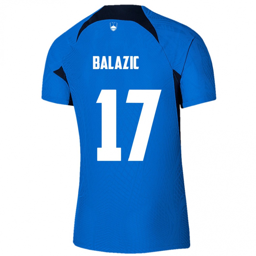 נשים כדורגל סלובניה Maj Balazic #17 כחול לבן הרחק ג'רזי 26-28