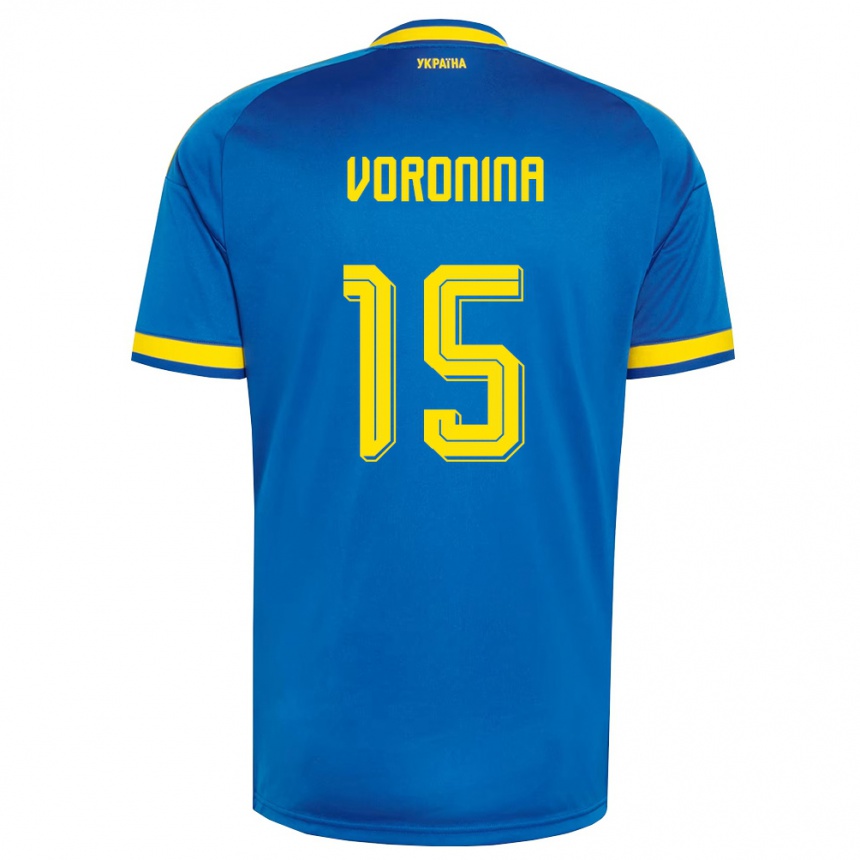 ילדים כדורגל אוקראינה Anastasiya Voronina #15 כחול צהוב כהה הרחק ג'רזי 26-28